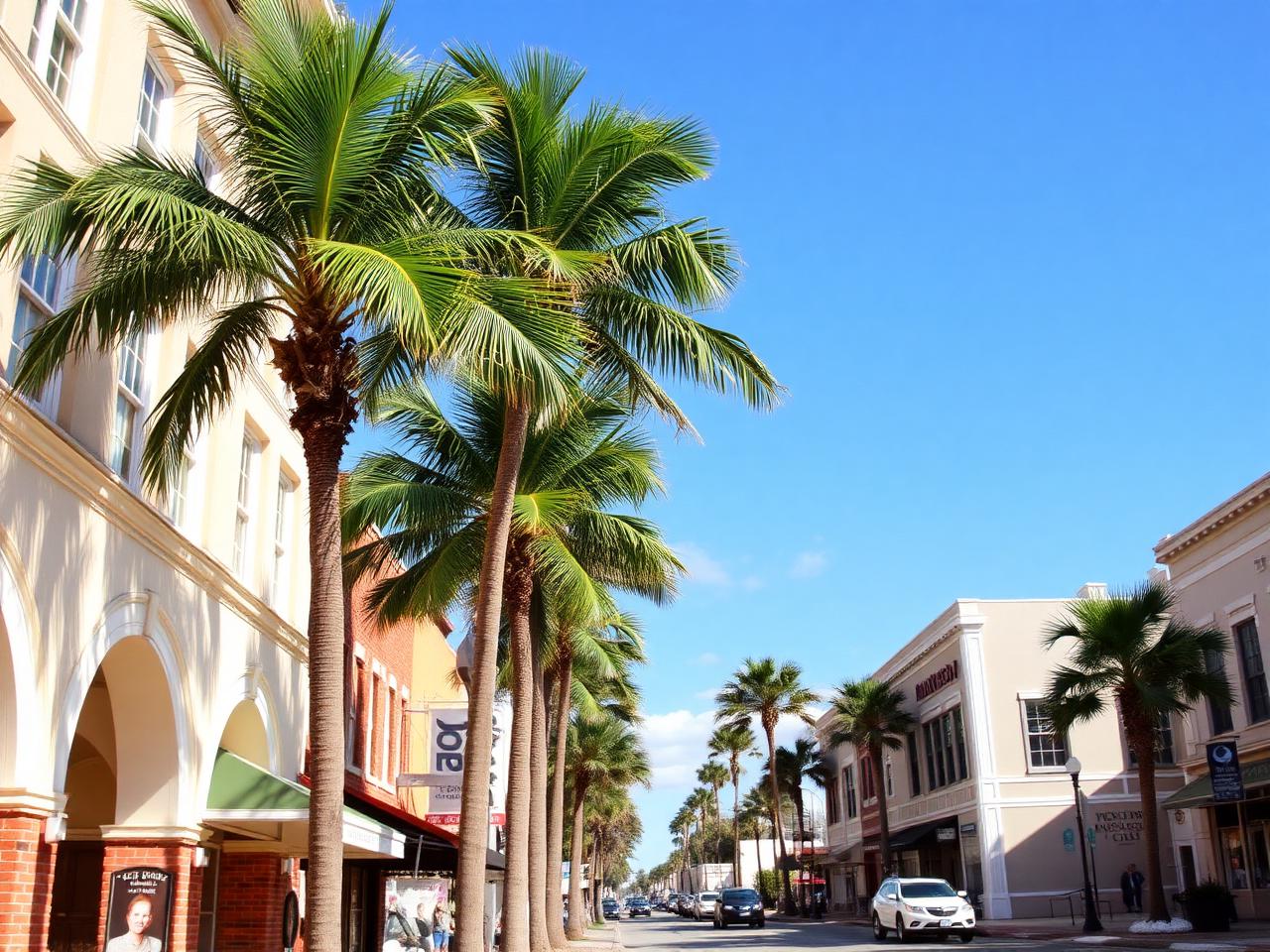 Historic downtown Fort Pierce, Florida with palm-lined street